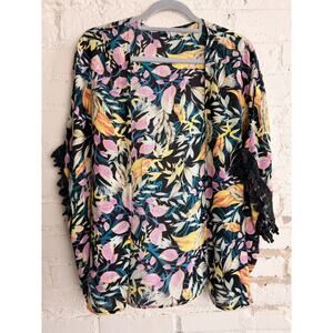 Rip Curl Floral Kimono Cardigan Black Boho Crochet Lace Trim Sheer Size S Beach